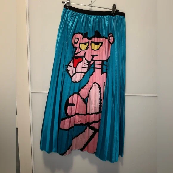 Pleated Turquoise Pink Panther Graphic Midi Skirt - Picture 3 of 7